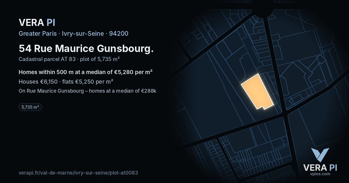 54 Rue Maurice Gunsbourg, Ivry-sur-Seine at night – the plot lit, the parcels around coloured by the prices near them