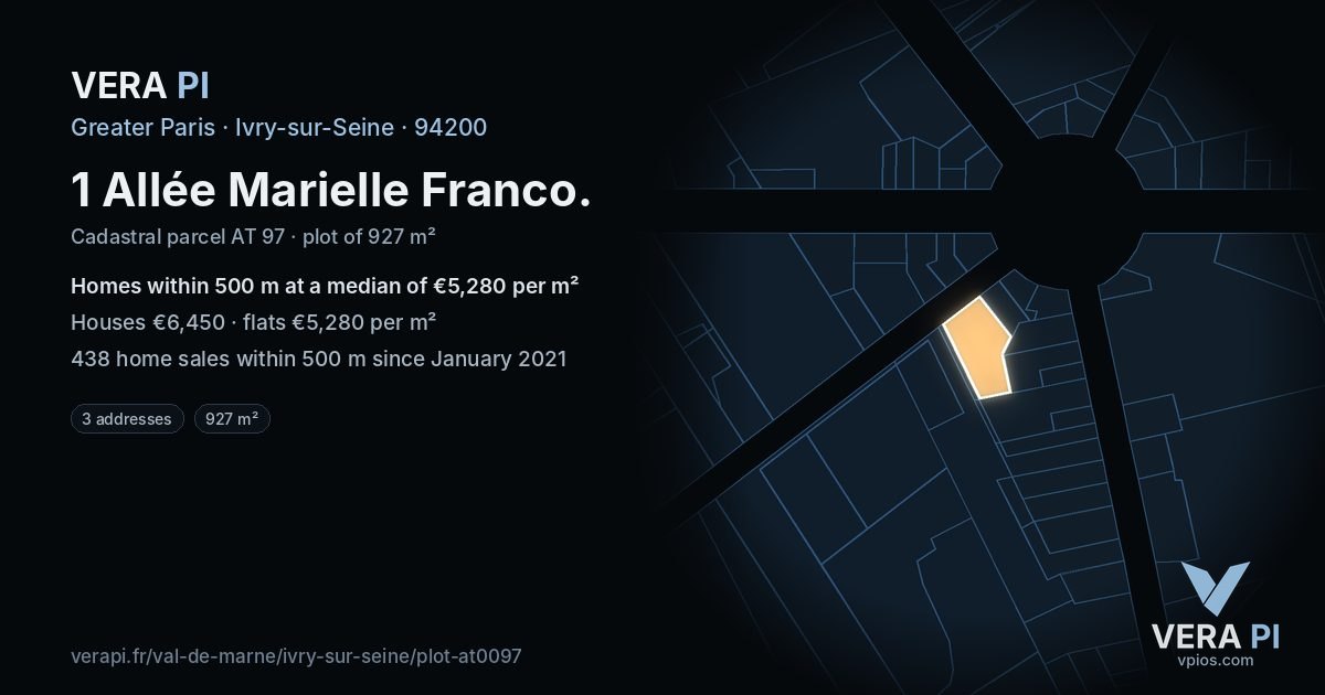 1 Allée Marielle Franco, Ivry-sur-Seine at night – the plot lit, the parcels around coloured by the prices near them