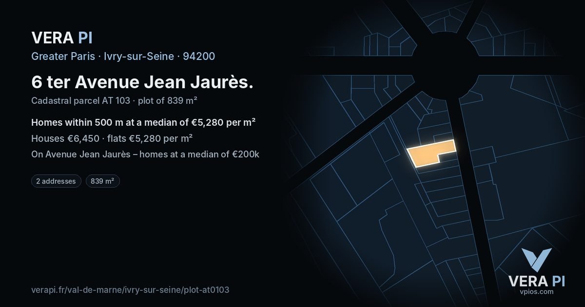 6 ter Avenue Jean Jaurès, Ivry-sur-Seine at night – the plot lit, the parcels around coloured by the prices near them