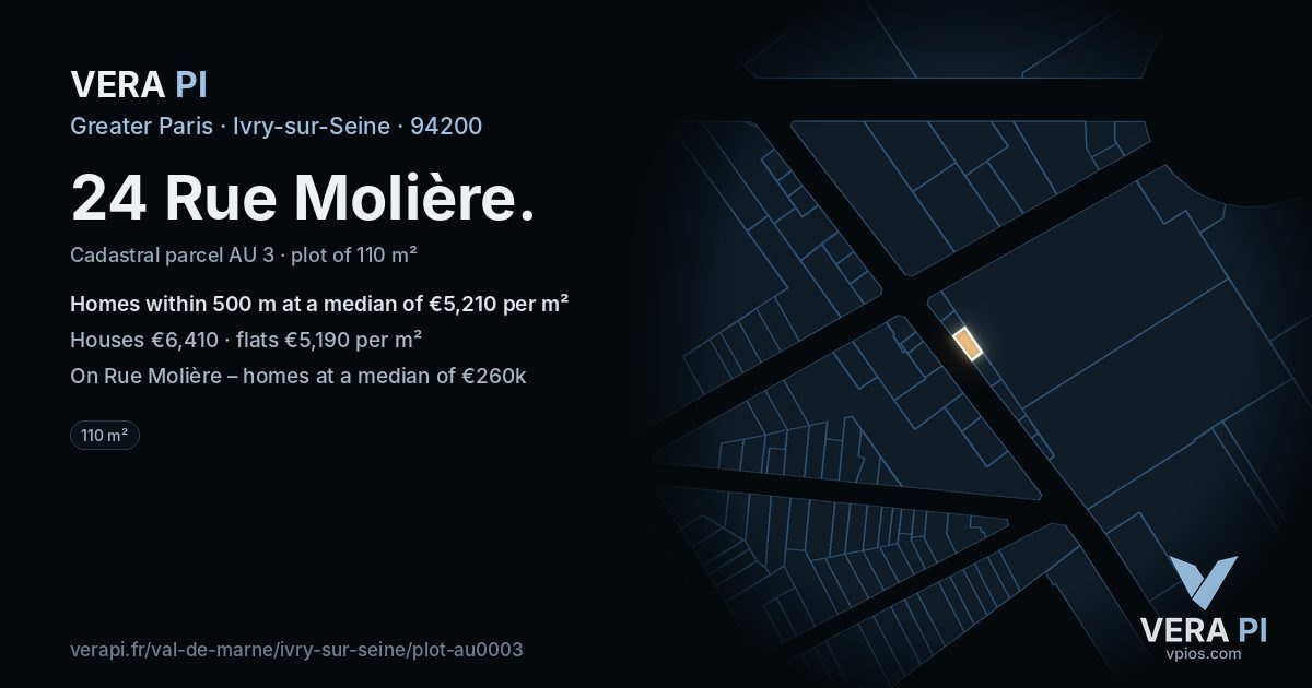 24 Rue Molière, Ivry-sur-Seine at night – the plot lit, the parcels around coloured by the prices near them