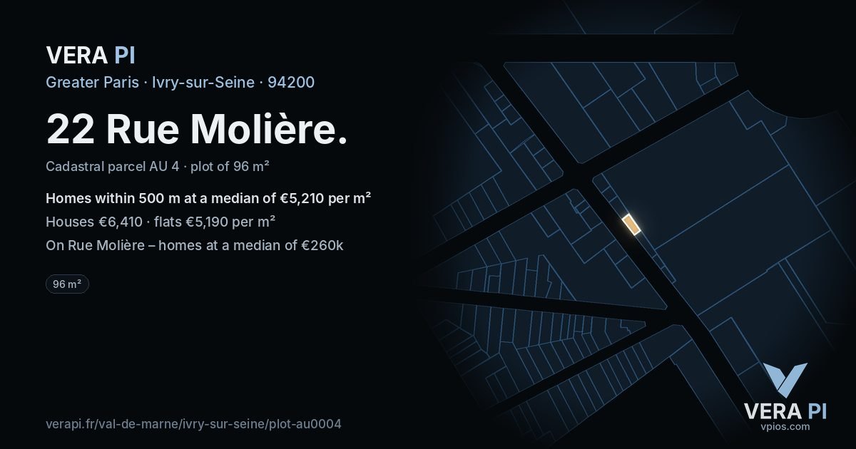 22 Rue Molière, Ivry-sur-Seine at night – the plot lit, the parcels around coloured by the prices near them