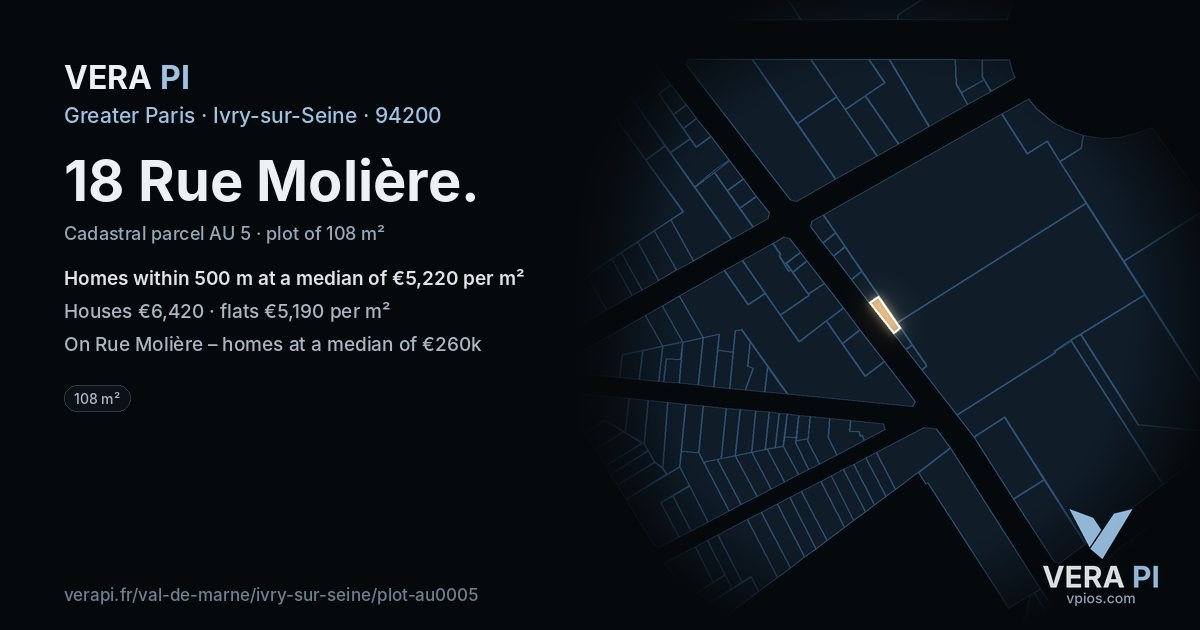 18 Rue Molière, Ivry-sur-Seine at night – the plot lit, the parcels around coloured by the prices near them