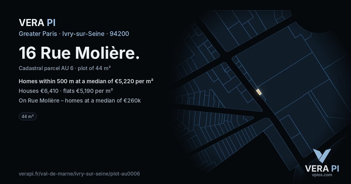 16 Rue Molière, Ivry-sur-Seine at night – the plot lit, the parcels around coloured by the prices near them