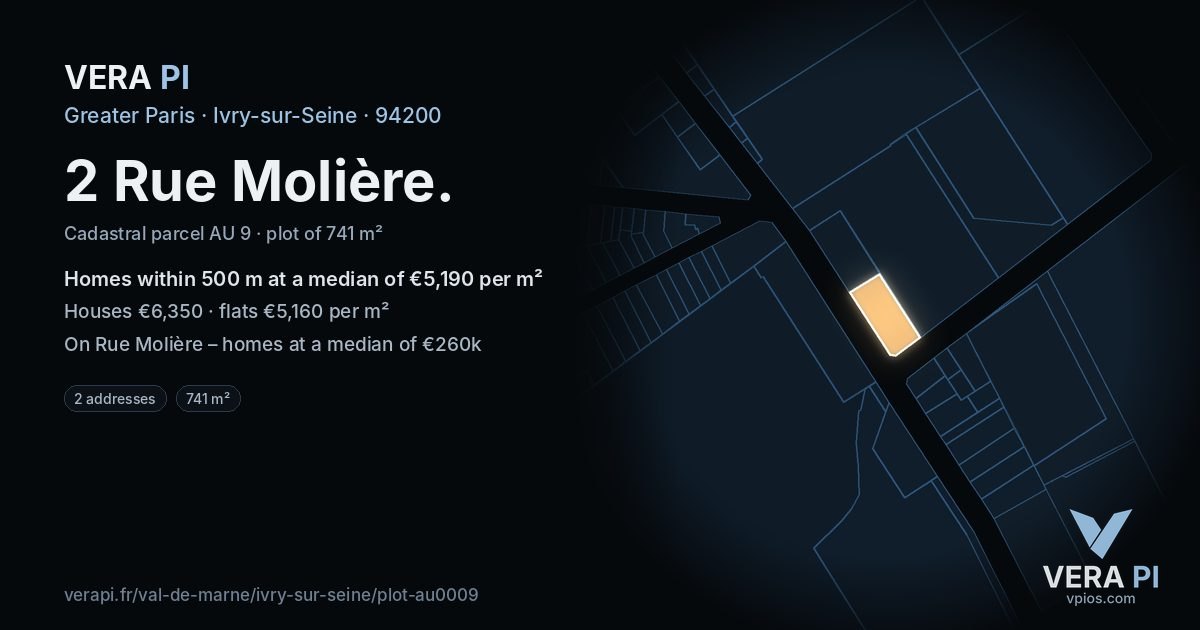 2 Rue Molière, Ivry-sur-Seine at night – the plot lit, the parcels around coloured by the prices near them