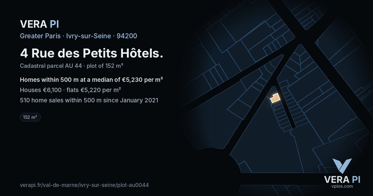 4 Rue des Petits Hôtels, Ivry-sur-Seine at night – the plot lit, the parcels around coloured by the prices near them