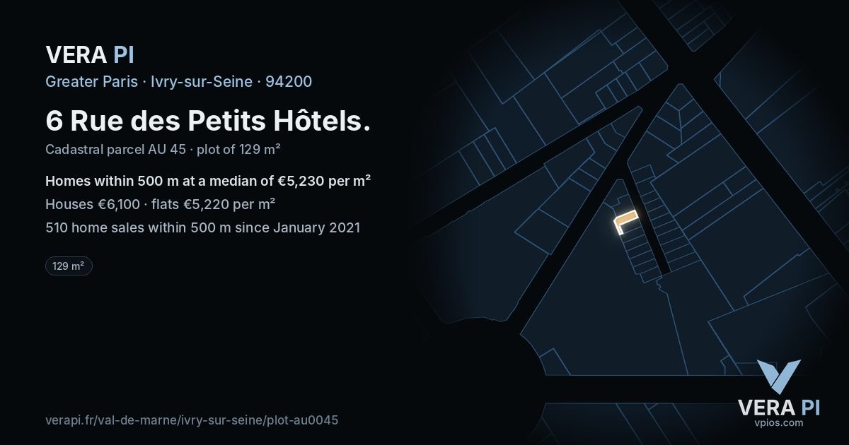 6 Rue des Petits Hôtels, Ivry-sur-Seine at night – the plot lit, the parcels around coloured by the prices near them