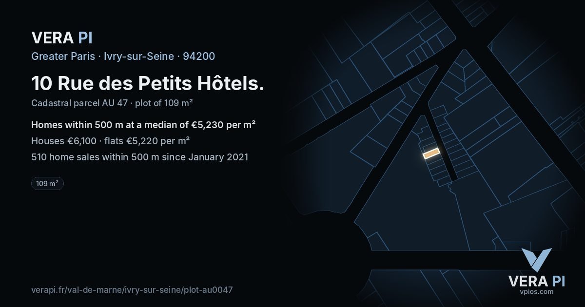 10 Rue des Petits Hôtels, Ivry-sur-Seine at night – the plot lit, the parcels around coloured by the prices near them