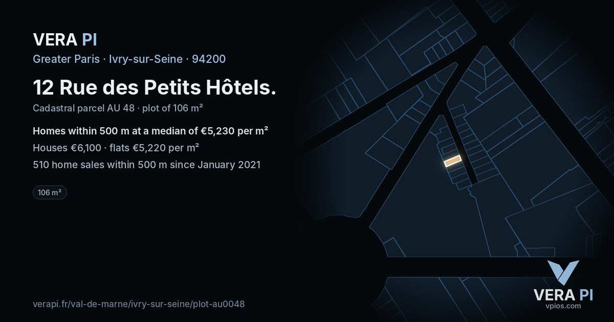 12 Rue des Petits Hôtels, Ivry-sur-Seine at night – the plot lit, the parcels around coloured by the prices near them