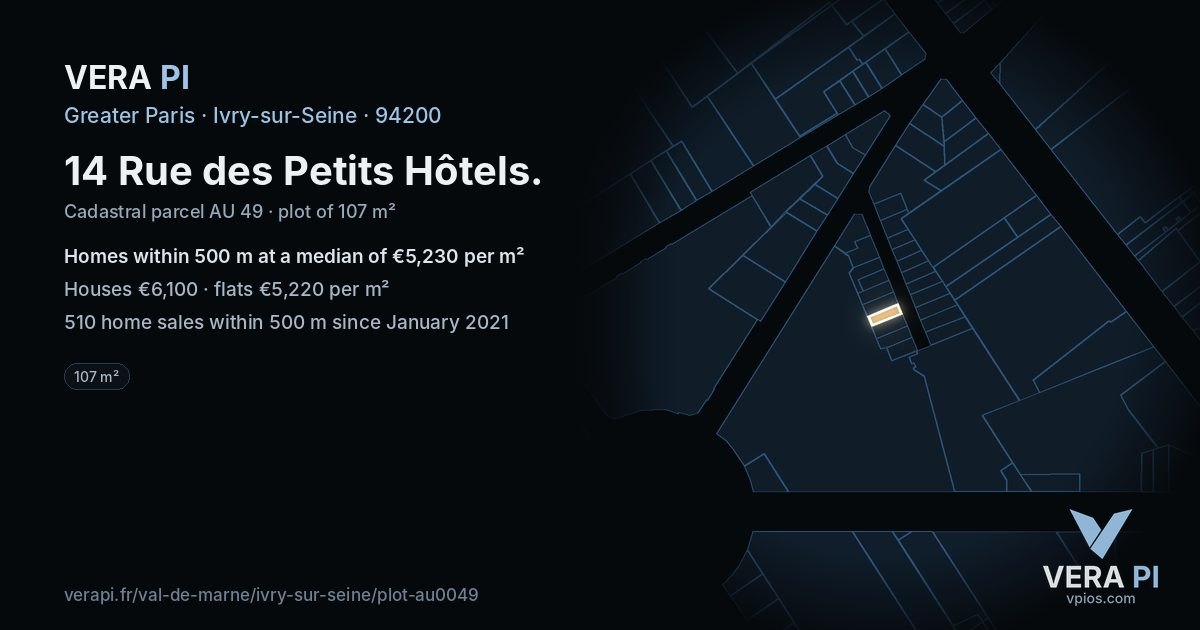 14 Rue des Petits Hôtels, Ivry-sur-Seine at night – the plot lit, the parcels around coloured by the prices near them