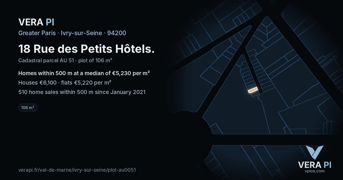 18 Rue des Petits Hôtels, Ivry-sur-Seine at night – the plot lit, the parcels around coloured by the prices near them