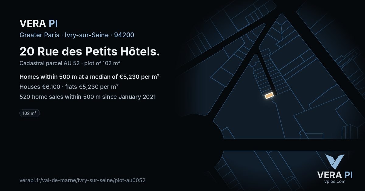 20 Rue des Petits Hôtels, Ivry-sur-Seine at night – the plot lit, the parcels around coloured by the prices near them