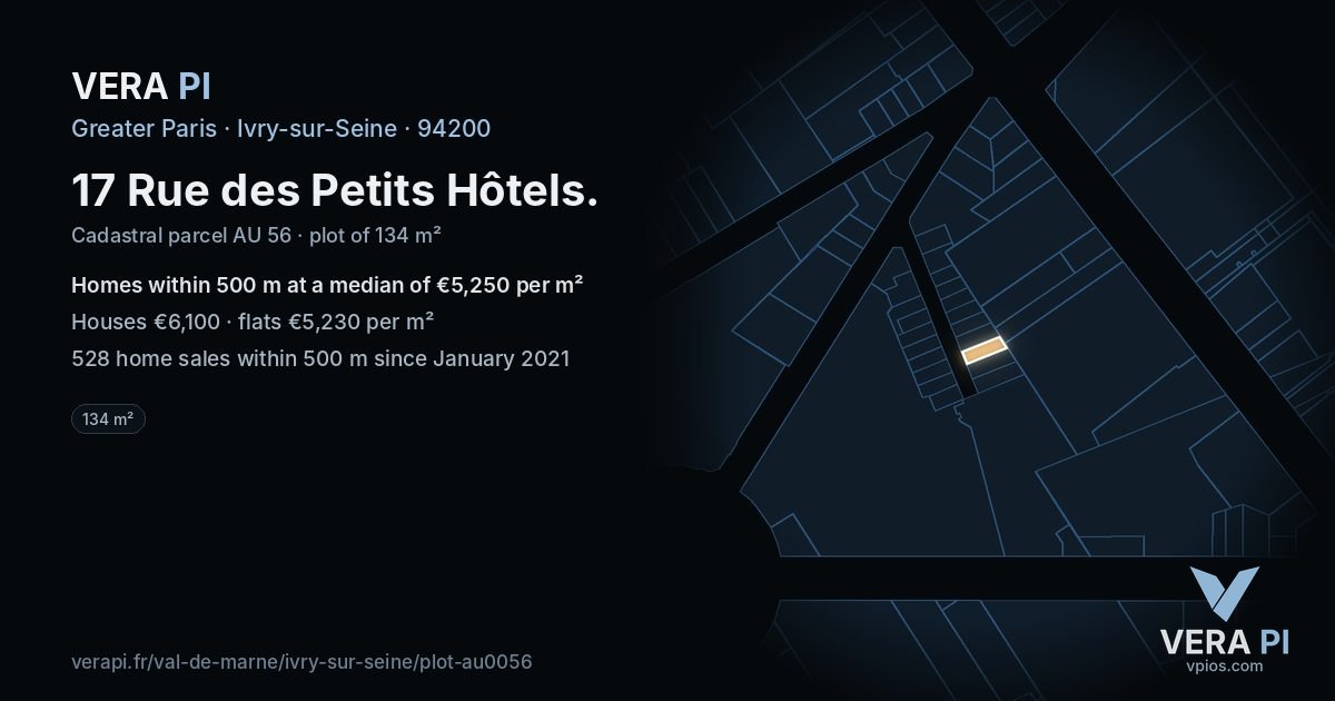 17 Rue des Petits Hôtels, Ivry-sur-Seine at night – the plot lit, the parcels around coloured by the prices near them