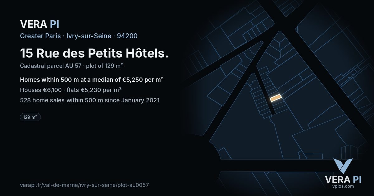 15 Rue des Petits Hôtels, Ivry-sur-Seine at night – the plot lit, the parcels around coloured by the prices near them