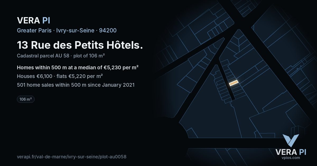 13 Rue des Petits Hôtels, Ivry-sur-Seine at night – the plot lit, the parcels around coloured by the prices near them