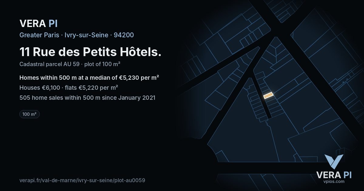 11 Rue des Petits Hôtels, Ivry-sur-Seine at night – the plot lit, the parcels around coloured by the prices near them