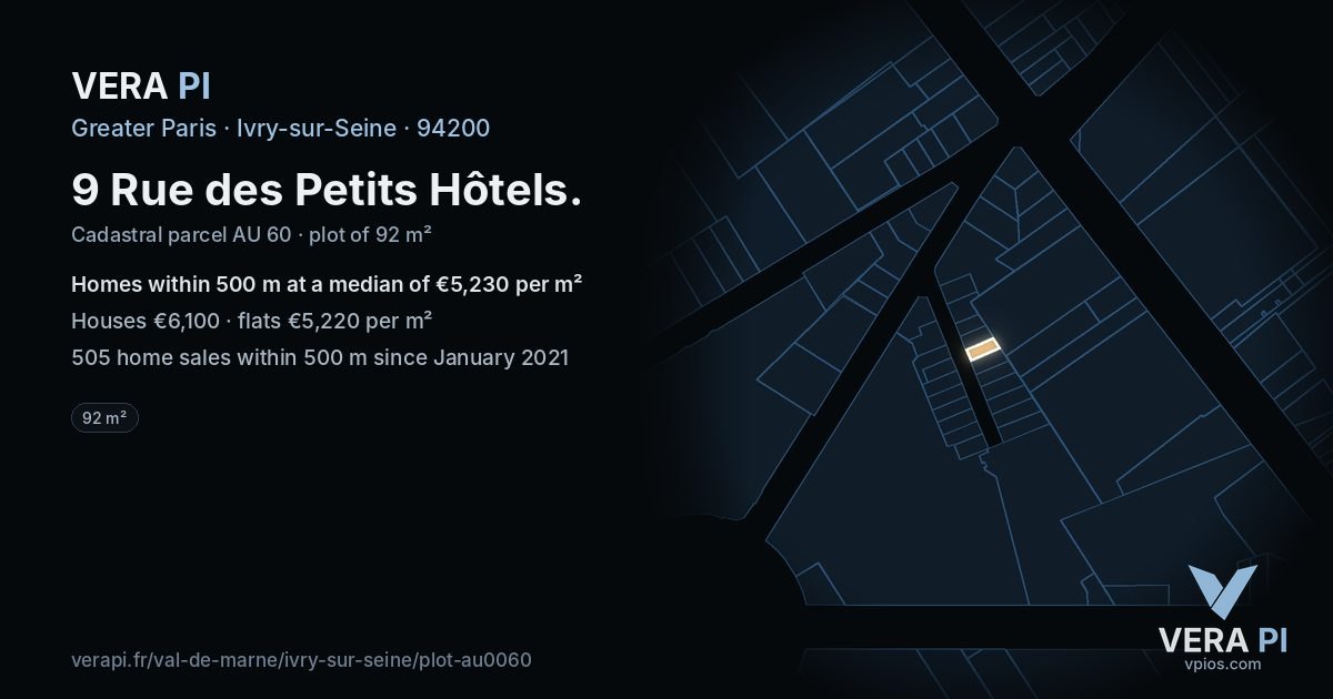 9 Rue des Petits Hôtels, Ivry-sur-Seine at night – the plot lit, the parcels around coloured by the prices near them