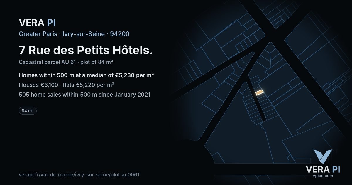 7 Rue des Petits Hôtels, Ivry-sur-Seine at night – the plot lit, the parcels around coloured by the prices near them