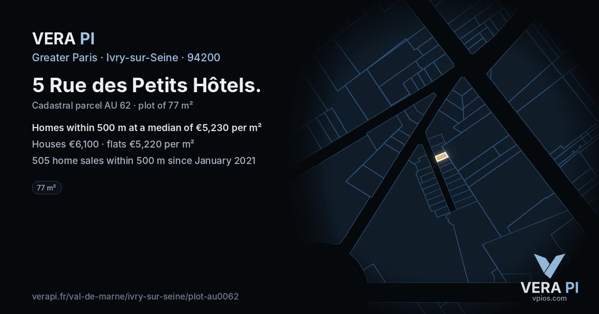 5 Rue des Petits Hôtels, Ivry-sur-Seine at night – the plot lit, the parcels around coloured by the prices near them