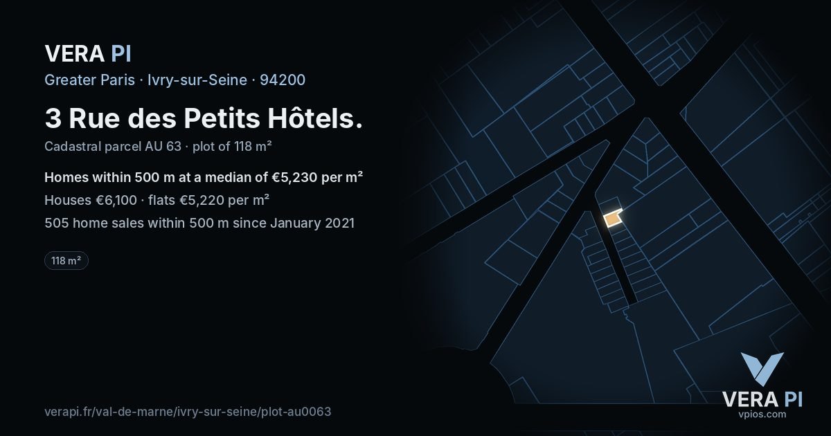 3 Rue des Petits Hôtels, Ivry-sur-Seine at night – the plot lit, the parcels around coloured by the prices near them