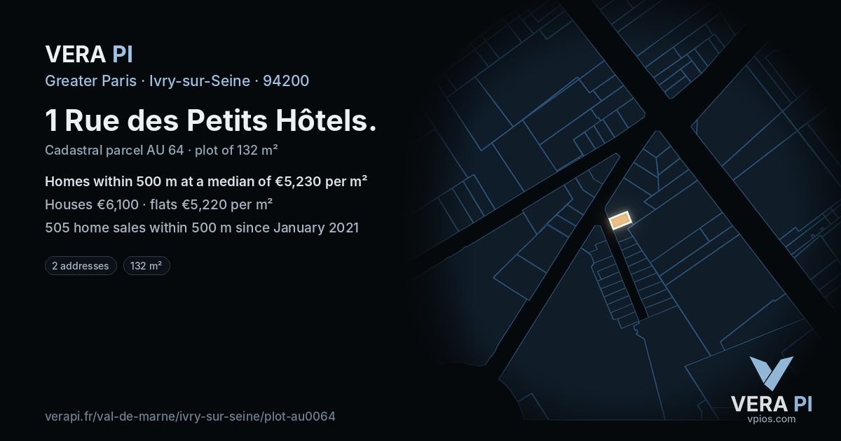 1 Rue des Petits Hôtels, Ivry-sur-Seine at night – the plot lit, the parcels around coloured by the prices near them