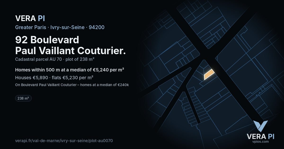 92 Boulevard Paul Vaillant Couturier, Ivry-sur-Seine at night – the plot lit, the parcels around coloured by the prices near them