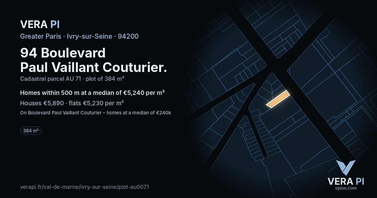 94 Boulevard Paul Vaillant Couturier, Ivry-sur-Seine at night – the plot lit, the parcels around coloured by the prices near them