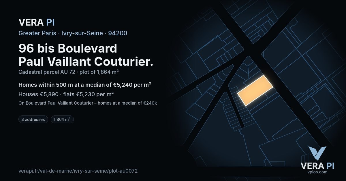 96 bis Boulevard Paul Vaillant Couturier, Ivry-sur-Seine at night – the plot lit, the parcels around coloured by the prices near them