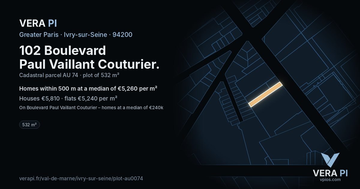 102 Boulevard Paul Vaillant Couturier, Ivry-sur-Seine at night – the plot lit, the parcels around coloured by the prices near them