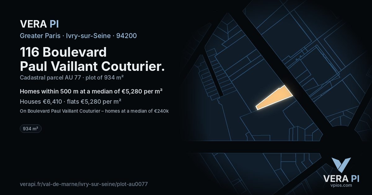 116 Boulevard Paul Vaillant Couturier, Ivry-sur-Seine at night – the plot lit, the parcels around coloured by the prices near them