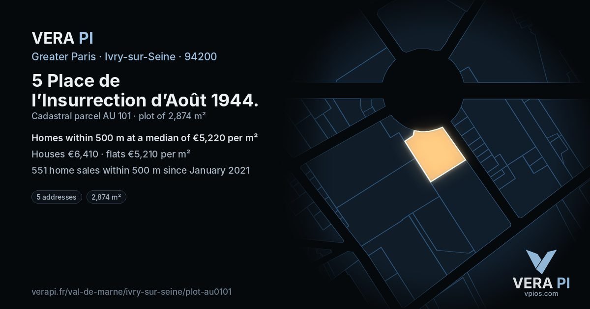 5 Place de l’Insurrection d’Août 1944, Ivry-sur-Seine at night – the plot lit, the parcels around coloured by the prices near them