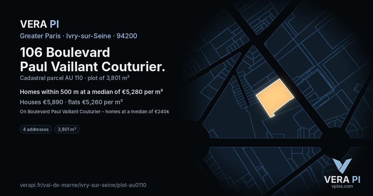 106 Boulevard Paul Vaillant Couturier, Ivry-sur-Seine at night – the plot lit, the parcels around coloured by the prices near them