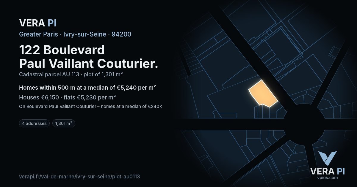 122 Boulevard Paul Vaillant Couturier, Ivry-sur-Seine at night – the plot lit, the parcels around coloured by the prices near them