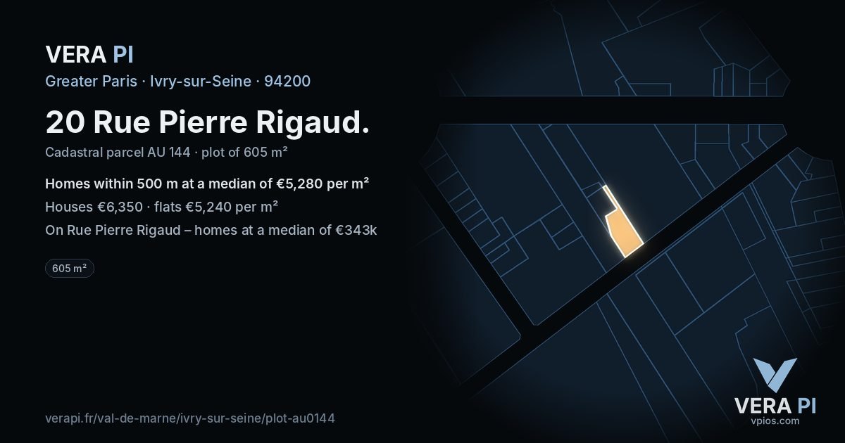 20 Rue Pierre Rigaud, Ivry-sur-Seine at night – the plot lit, the parcels around coloured by the prices near them