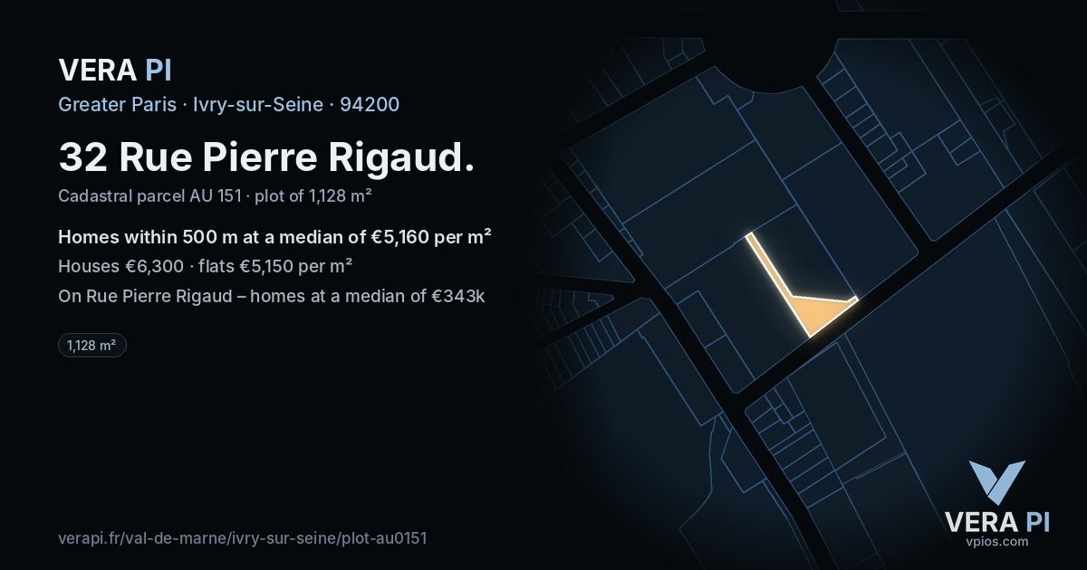 32 Rue Pierre Rigaud, Ivry-sur-Seine at night – the plot lit, the parcels around coloured by the prices near them
