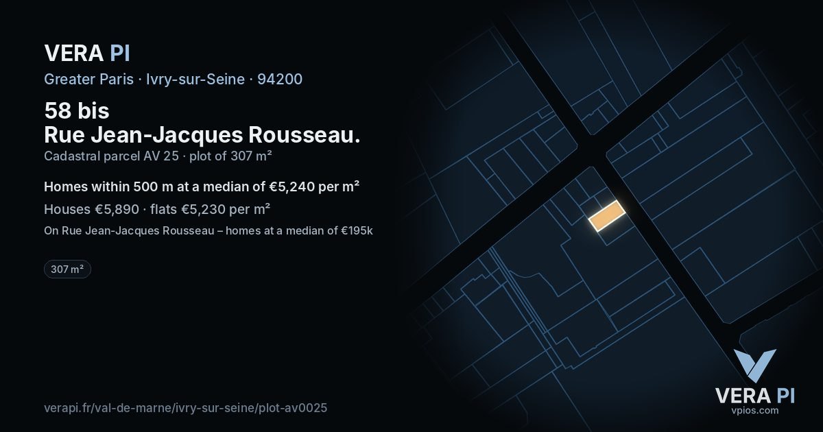 58 bis Rue Jean-Jacques Rousseau, Ivry-sur-Seine at night – the plot lit, the parcels around coloured by the prices near them