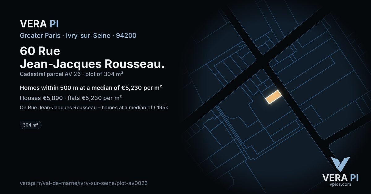 60 Rue Jean-Jacques Rousseau, Ivry-sur-Seine at night – the plot lit, the parcels around coloured by the prices near them
