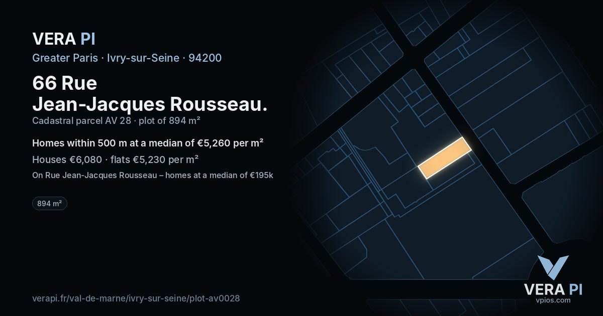 66 Rue Jean-Jacques Rousseau, Ivry-sur-Seine at night – the plot lit, the parcels around coloured by the prices near them