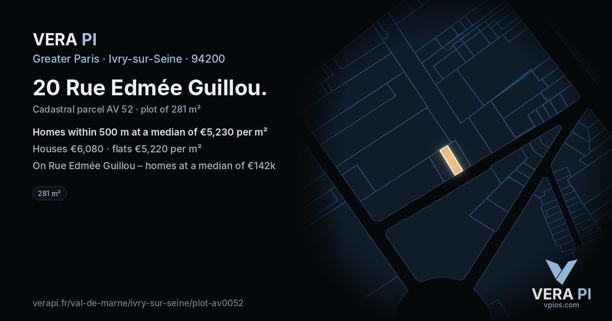 20 Rue Edmée Guillou, Ivry-sur-Seine at night – the plot lit, the parcels around coloured by the prices near them