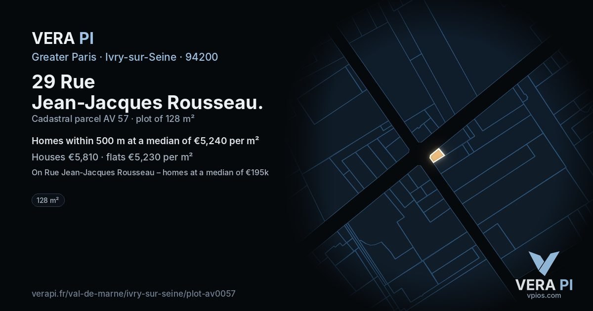 29 Rue Jean-Jacques Rousseau, Ivry-sur-Seine at night – the plot lit, the parcels around coloured by the prices near them