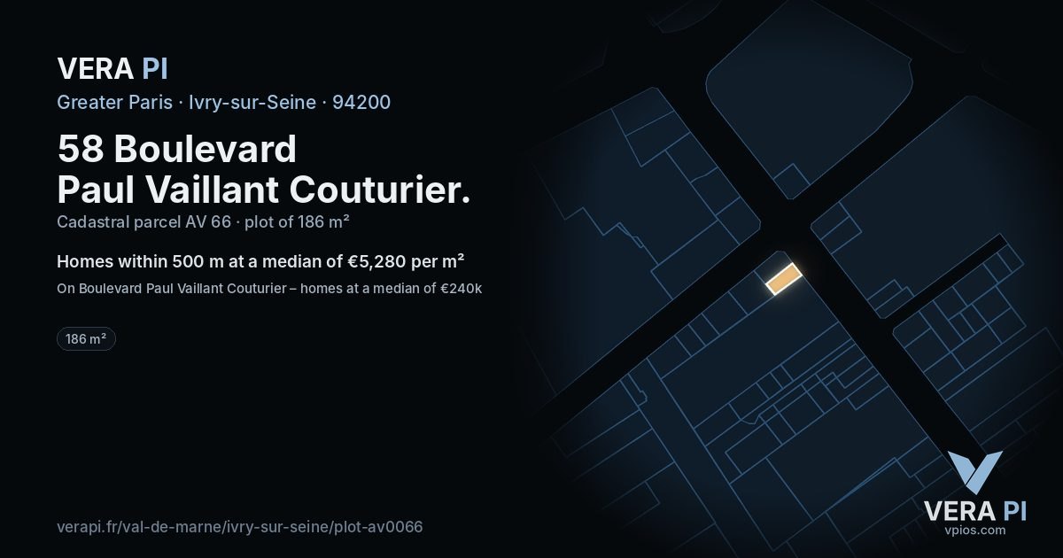 58 Boulevard Paul Vaillant Couturier, Ivry-sur-Seine at night – the plot lit, the parcels around coloured by the prices near them