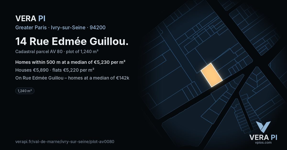 14 Rue Edmée Guillou, Ivry-sur-Seine at night – the plot lit, the parcels around coloured by the prices near them