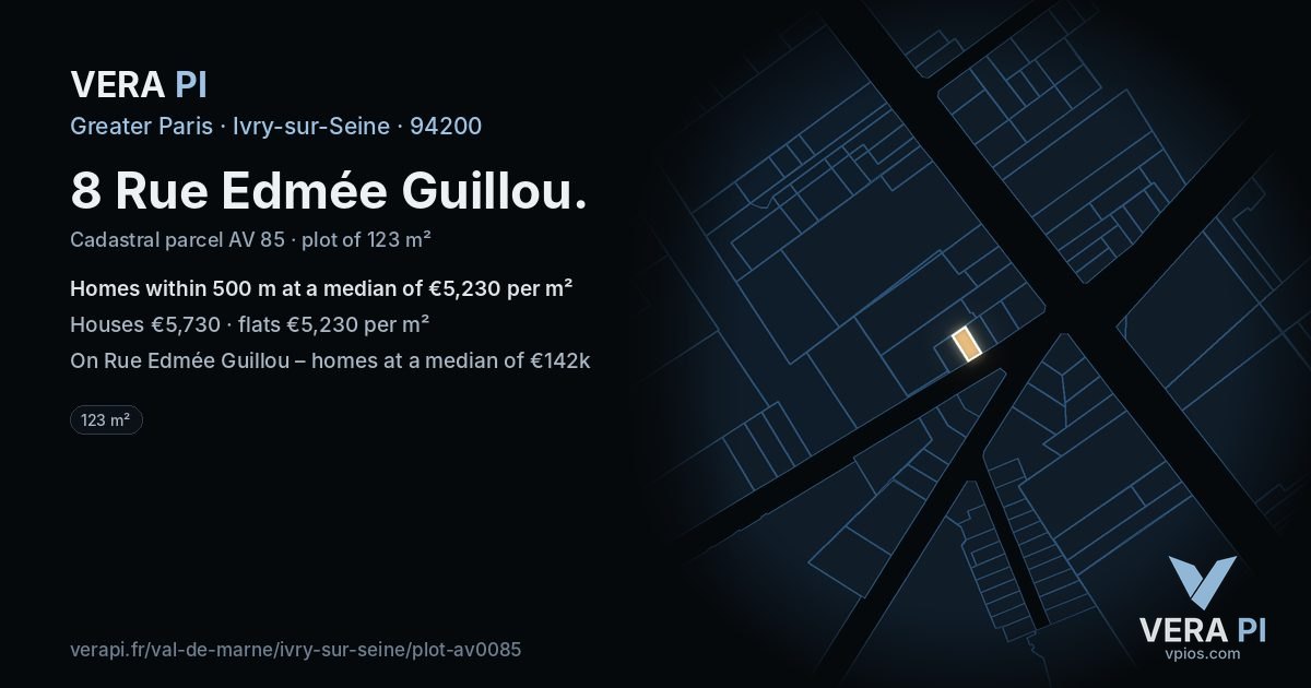 8 Rue Edmée Guillou, Ivry-sur-Seine at night – the plot lit, the parcels around coloured by the prices near them