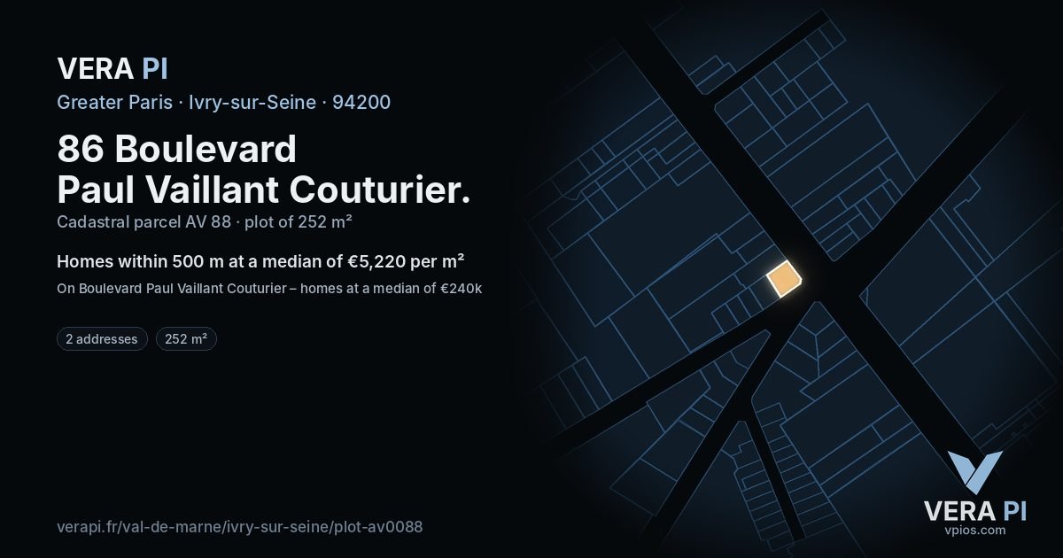 86 Boulevard Paul Vaillant Couturier, Ivry-sur-Seine at night – the plot lit, the parcels around coloured by the prices near them