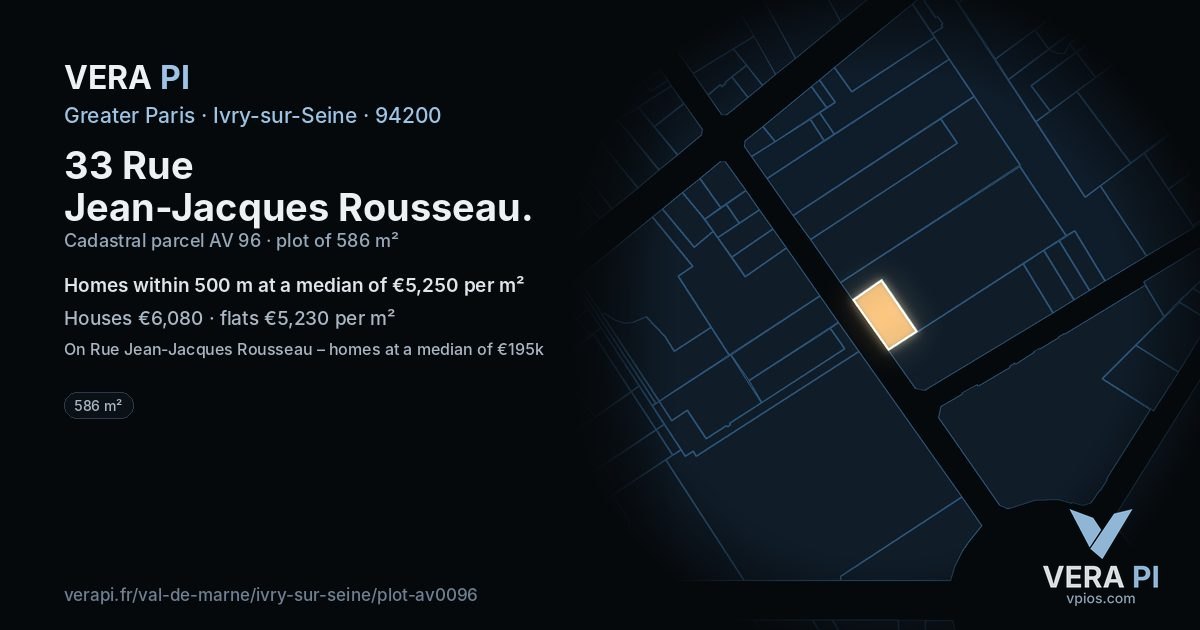 33 Rue Jean-Jacques Rousseau, Ivry-sur-Seine at night – the plot lit, the parcels around coloured by the prices near them