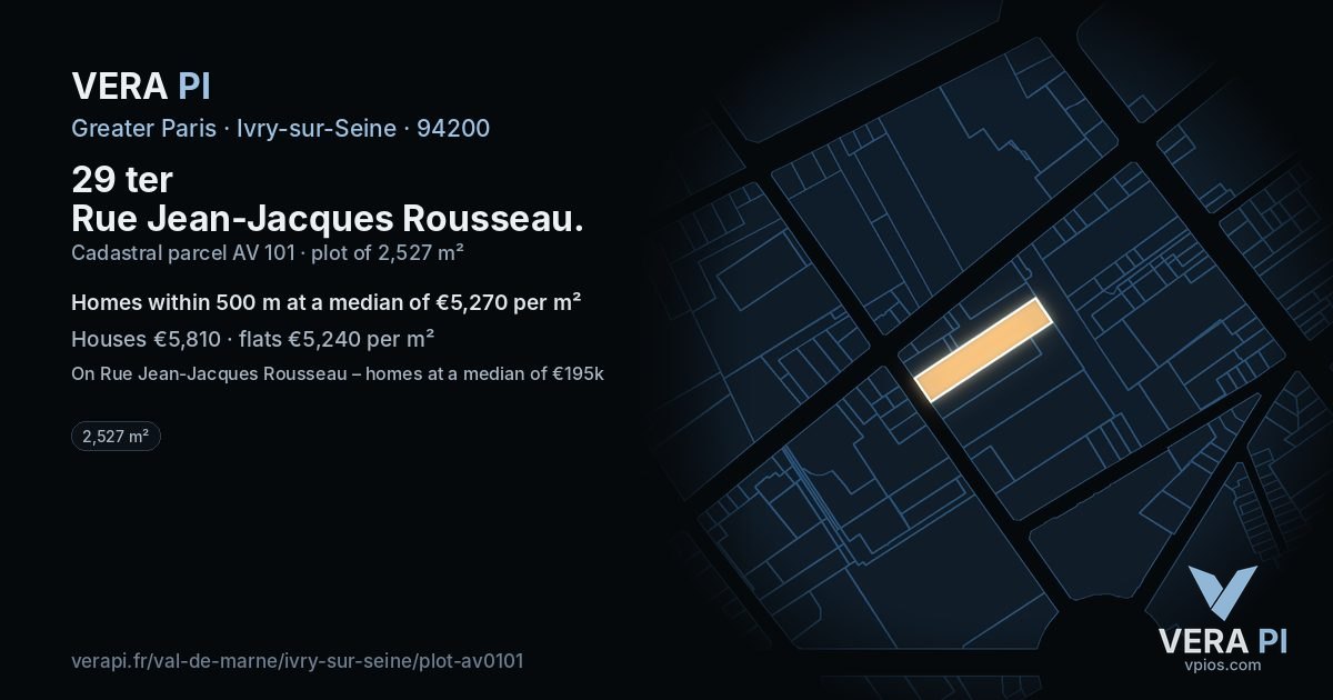 29 ter Rue Jean-Jacques Rousseau, Ivry-sur-Seine at night – the plot lit, the parcels around coloured by the prices near them