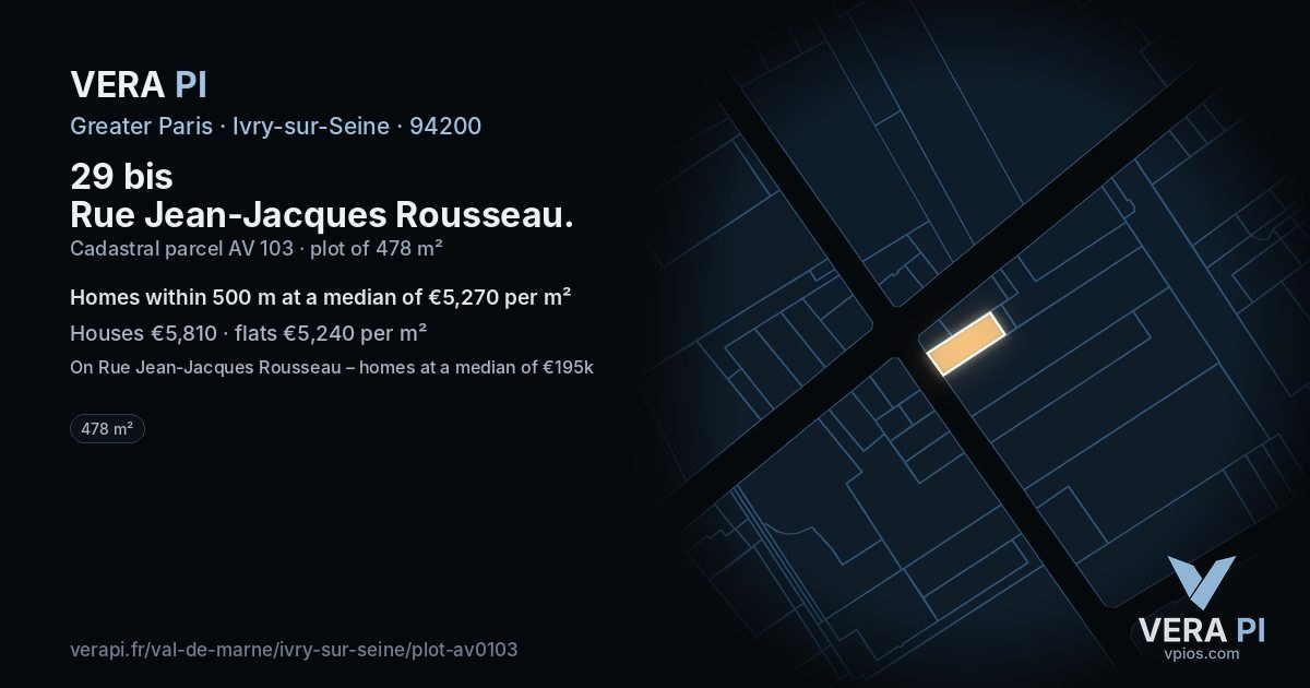 29 bis Rue Jean-Jacques Rousseau, Ivry-sur-Seine at night – the plot lit, the parcels around coloured by the prices near them