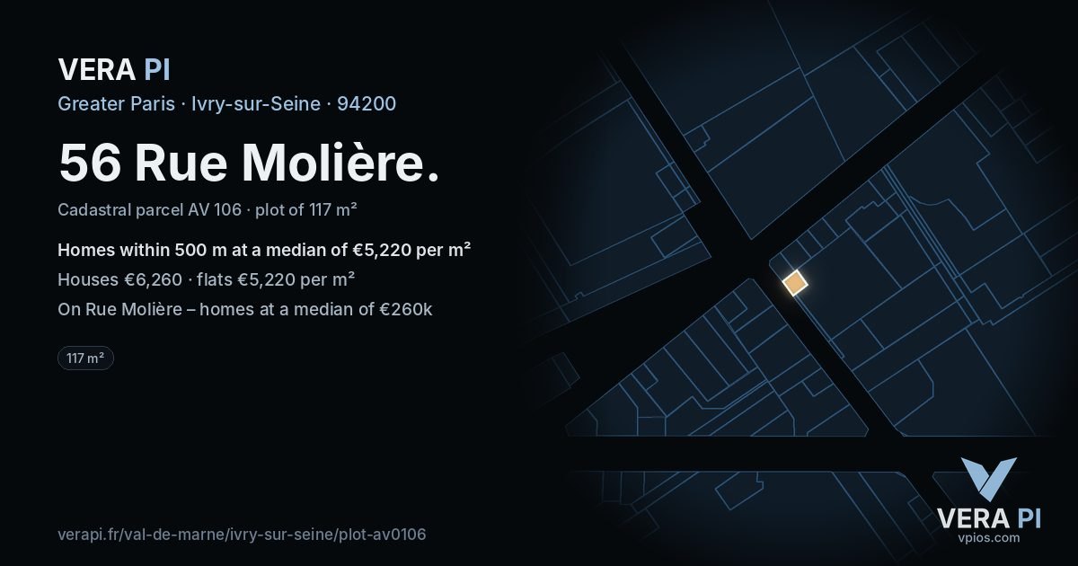 56 Rue Molière, Ivry-sur-Seine at night – the plot lit, the parcels around coloured by the prices near them