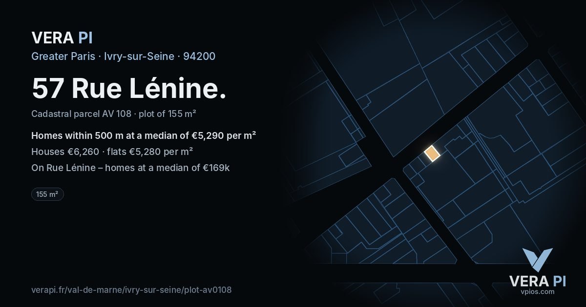 57 Rue Lénine, Ivry-sur-Seine at night – the plot lit, the parcels around coloured by the prices near them