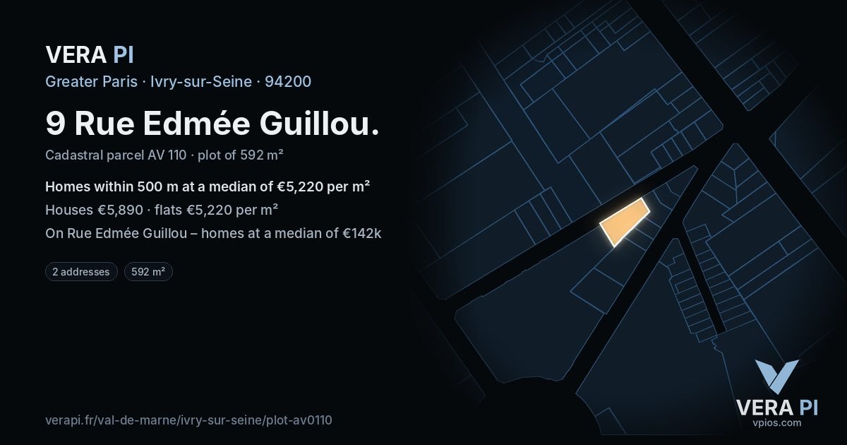 9 Rue Edmée Guillou, Ivry-sur-Seine at night – the plot lit, the parcels around coloured by the prices near them