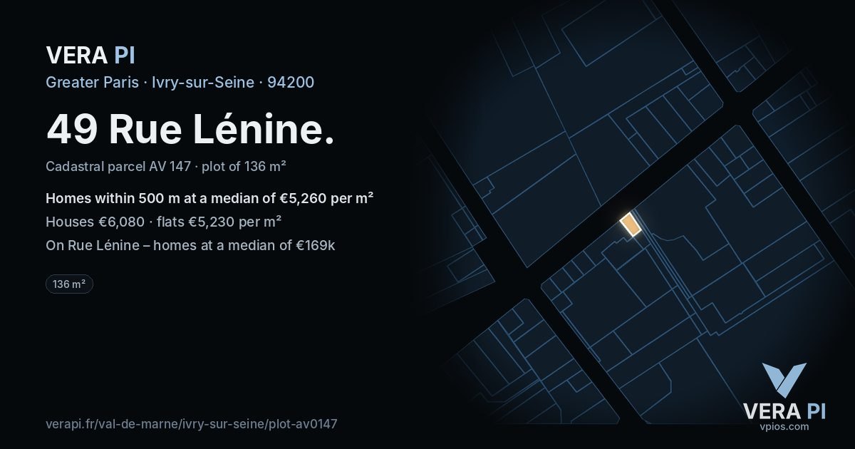 49 Rue Lénine, Ivry-sur-Seine at night – the plot lit, the parcels around coloured by the prices near them
